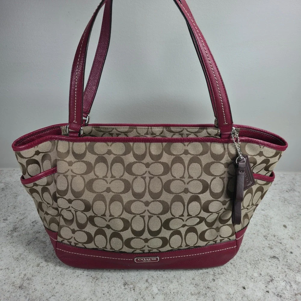 Coach Taylor Signature Tote Khaki Magenta Pink Leather Trim F23297 Bag